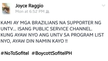 Another boycotter from Brazil, Joyce Raggio takes to Facebook her frustration of Sofitel.